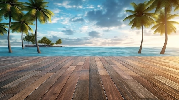 A wooden deck with palm trees on the horizon