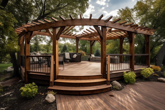 A wooden deck with a pergola and a table with chairs.