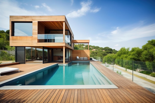 A wooden deck with a pool and a house in the background.