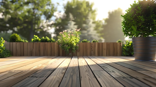 Photo a wooden deck with a potted plant in the corner and a green lawn in the background the deck is made of natural wood and has a beautiful grain