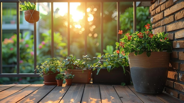 鉢 の 植物 を 植え た 木 の デッキ