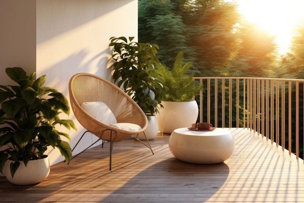 A wooden deck with a relaxing chair and flourishing potted plants perfect for outdoor enjoyment