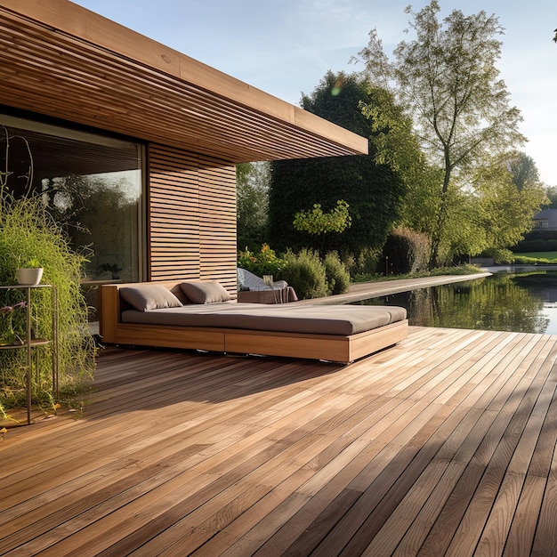 Photo a wooden deck with a sofa and a small table on the deck