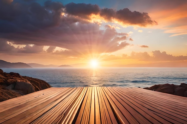 A wooden deck with a sunset in the background