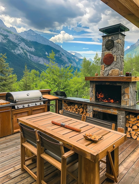 Wooden deck with table and grill