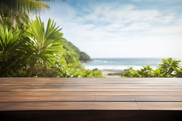 Wooden deck with tropical beach in background