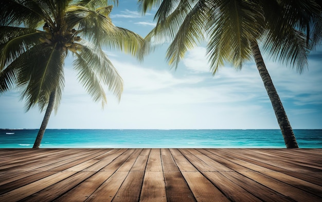 wooden deck with tropical beach in background