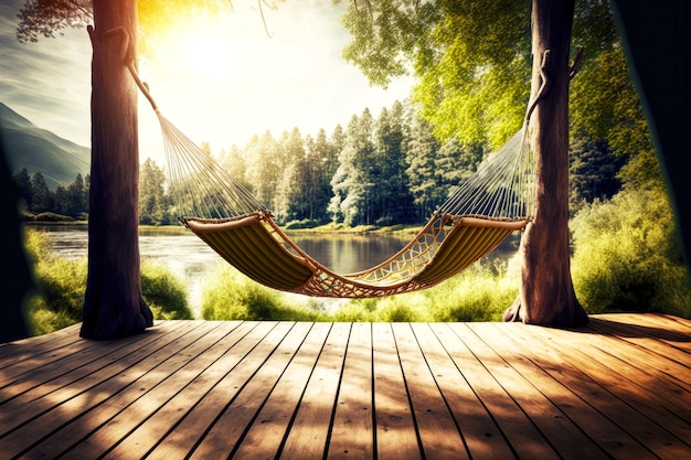Wooden deck with two comfortable hammock chairs in park