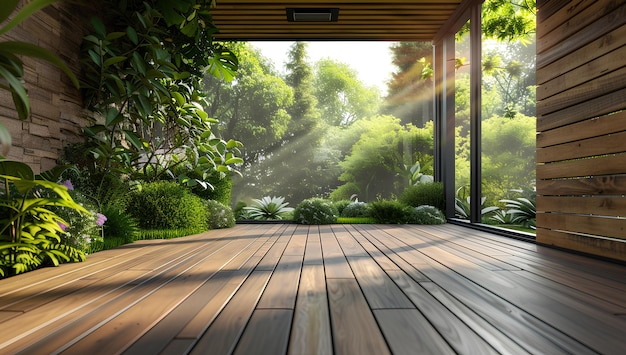 A wooden deck with a view of a forest through the window of a house with a wooden wall and floor a