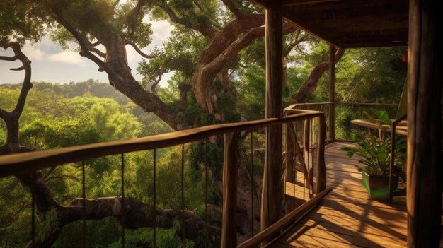 A wooden deck with a view of the forest.