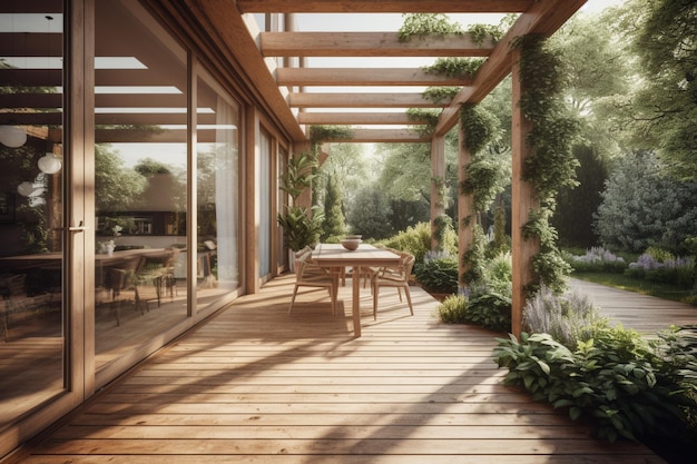 A wooden deck with a view of a garden and a dining table.