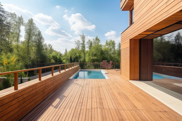 Wooden deck with view of garden and pool on the roof of new house