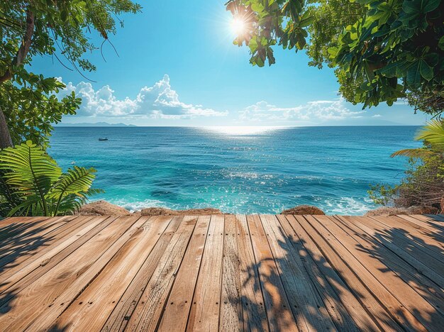 a wooden deck with a view of the ocean and a boat in the background