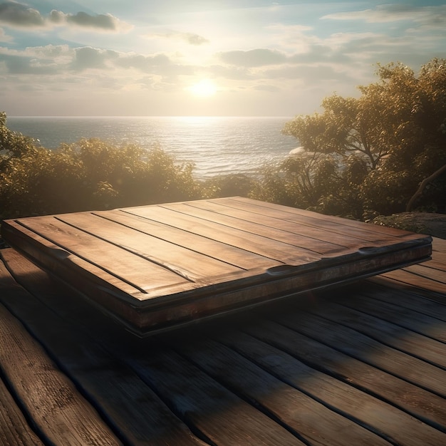 Photo a wooden deck with a view of the ocean and the sun setting behind it.