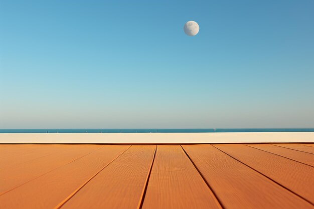 A wooden deck with a white object in the sky