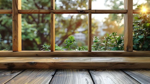 窓 と 植物 を 備えた 木製 の デッキ