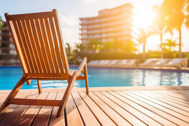 Photo wooden deckchair in swimming pool with palm trees and sun light