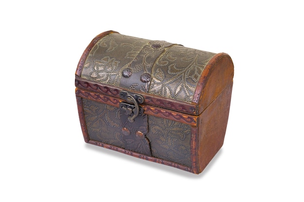 Wooden decorative vintage chest closed on metal clasp with pattern leather-trimmed, isolated on a white background.