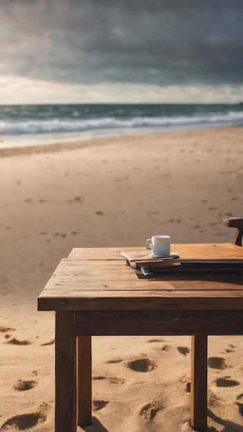 Wooden desk on beach