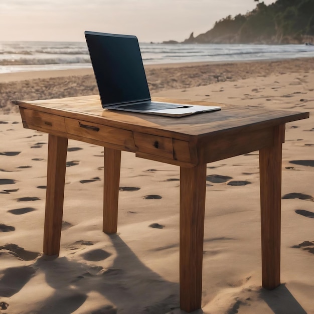 Wooden desk on beach