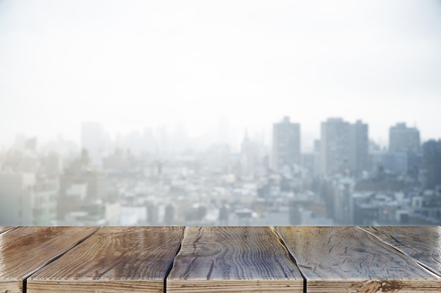 Wooden desk in city