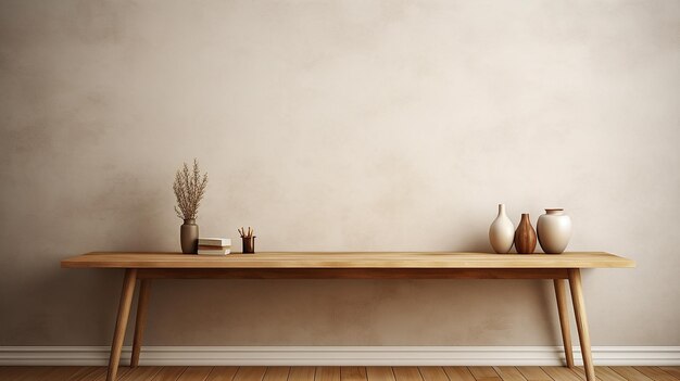 Photo wooden desk and empty wall and vase background