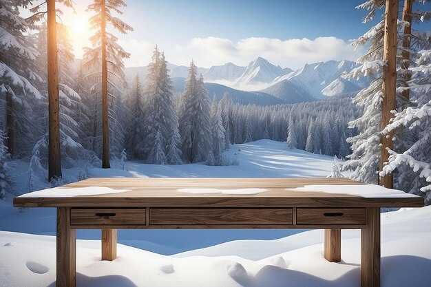 Photo wooden desk of free space and winter landscape