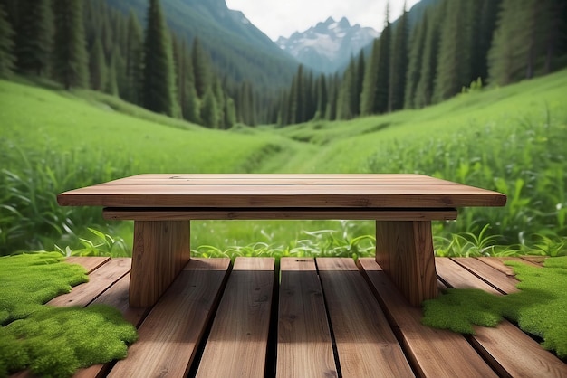 Wooden desk for product on nature landscape