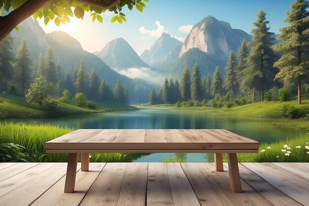 Wooden desk for product on nature landscape