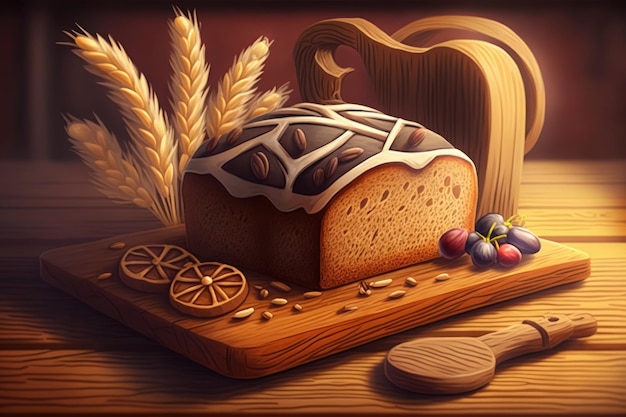 Photo on the wooden desk there is bread and wheat