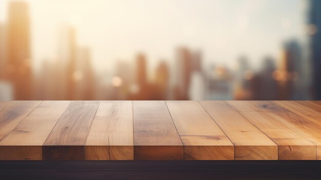 Wooden desk with blur background AI generated image