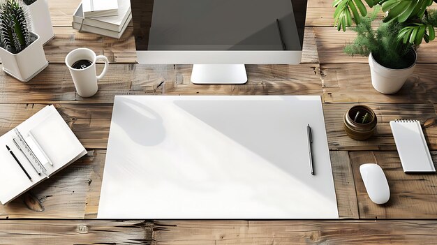 A wooden desk with a computer a mouse a keyboard a notebook a pen a coffee cup a plant and a blank sheet of paper