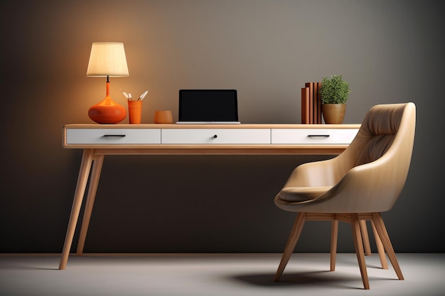 Wooden desk with laptop lamp and books in the room 3d rendering