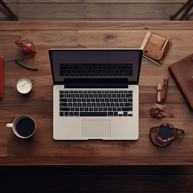 A wooden desk with a laptop mouse mobile phone charger and books