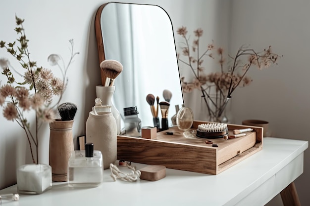 A wooden desk with a mirror colored lipstick and cotton pads