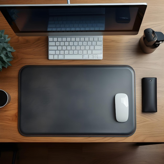 A wooden desk with a mouse and a laptop on it.