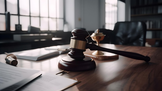 A wooden desk with a pen and a gavel on it.