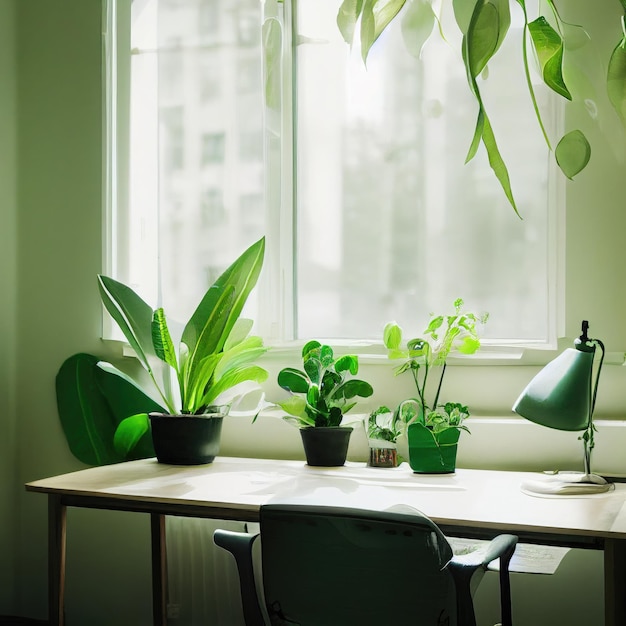 Photo wooden desk with potted plants on the background of a window ai generating