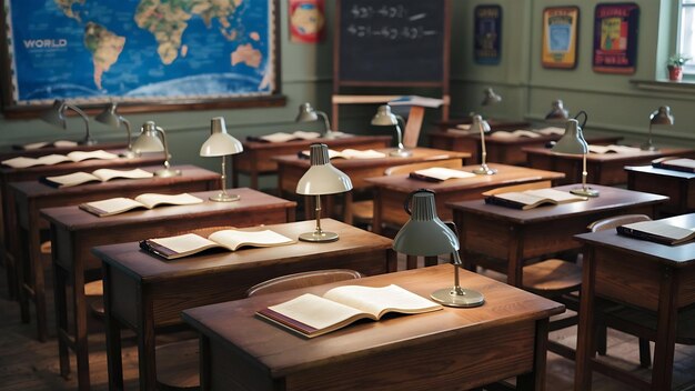 Wooden desks in classroom