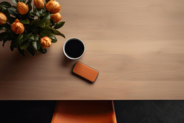 Wooden desktop with smartphone flowers and cup of coffee top view Generative AI