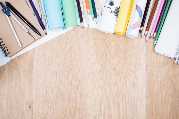 Wooden desktop with various tools