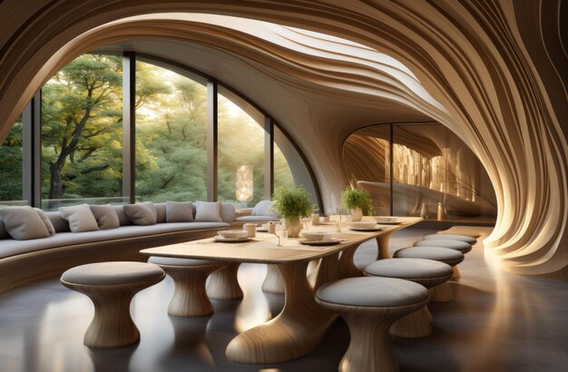 a wooden dining room with curved edges