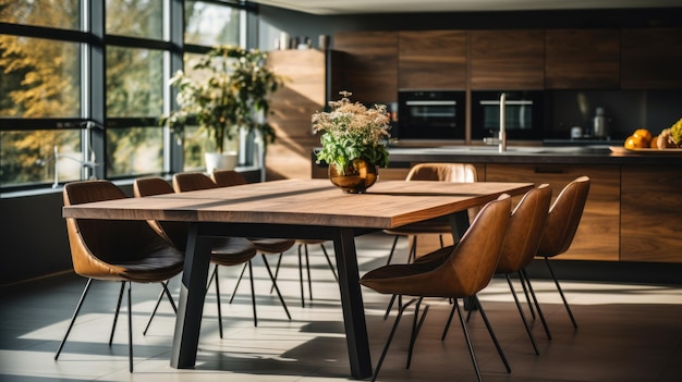 Photo wooden dining table and chairs in modern kitchen interior