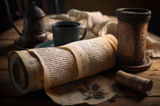 A wooden dining table covered in Bible scrolls Old paper rolls and a cup of food are shown up close