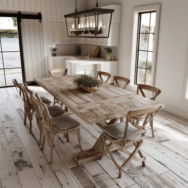 Photo wooden dining table in a dining room with a light grey wood floor minimal interior ai generated