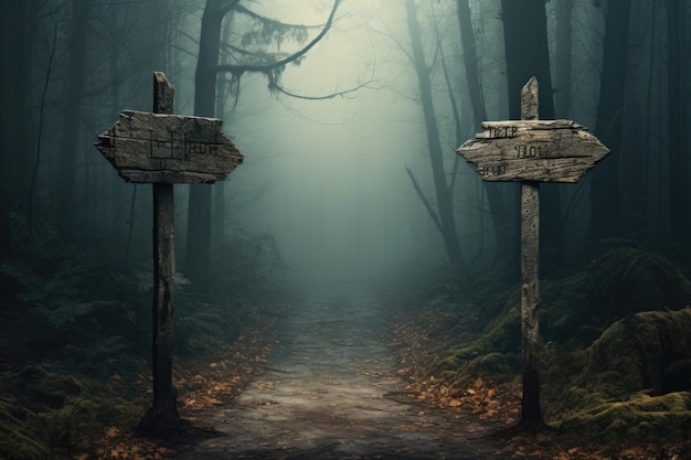 Wooden direction signs in the foggy forest 3d rendering showing a path splitting into two going into the woods with a blank signpost ai generated