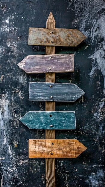 Wooden directional sign with multiple arrows pointing in different directions on a grunge black