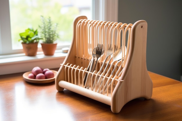 Wooden dish drying rack with ecofriendly utensils