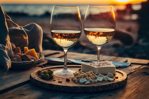 A wooden dish with cheese and nuts is placed outside at sunset along with two glasses of white wine