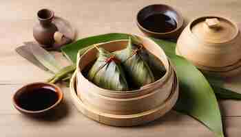 Photo a wooden dish with rice and a bowl of rice